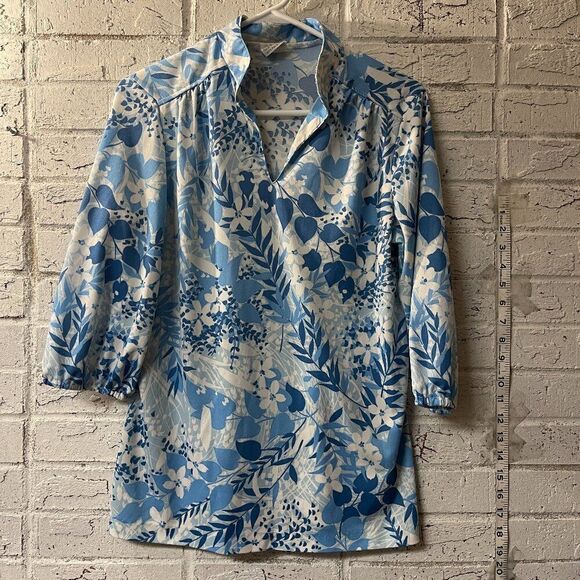 Vintage Kmart polyester 70s Blue White Blouse 15/16 - Picture 1 of 12